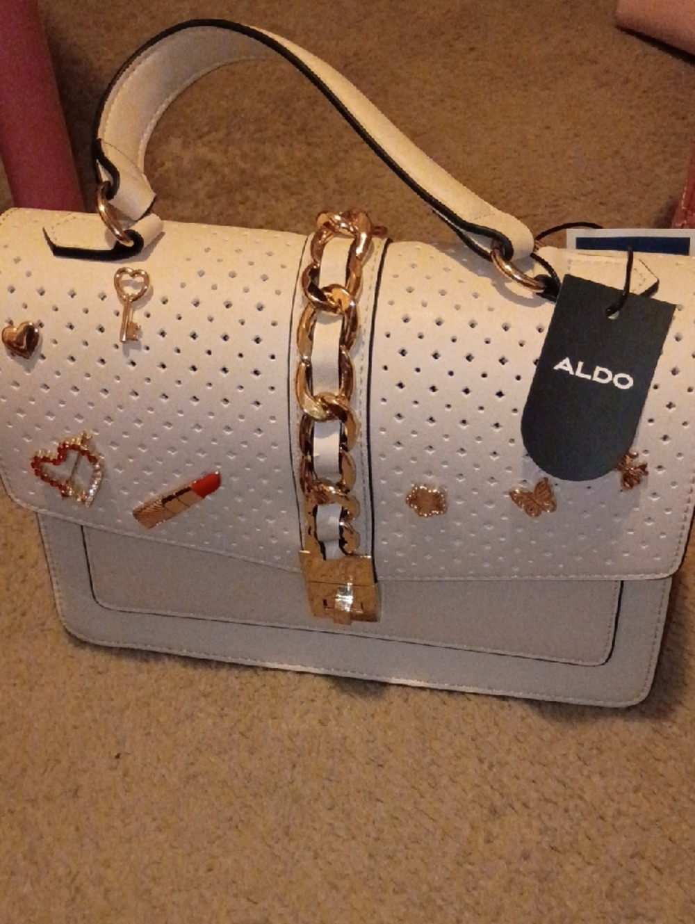 ALDO Cream Satchel Top-Handle Bag with Gold Chain and Charm Accents